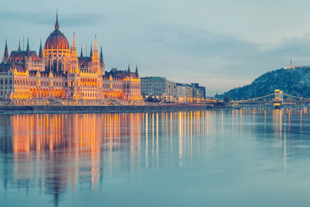 Hungarian Parliament building illuminated at night