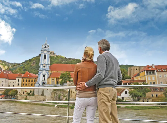 Dürnstein blue church tower with vineyard terraces