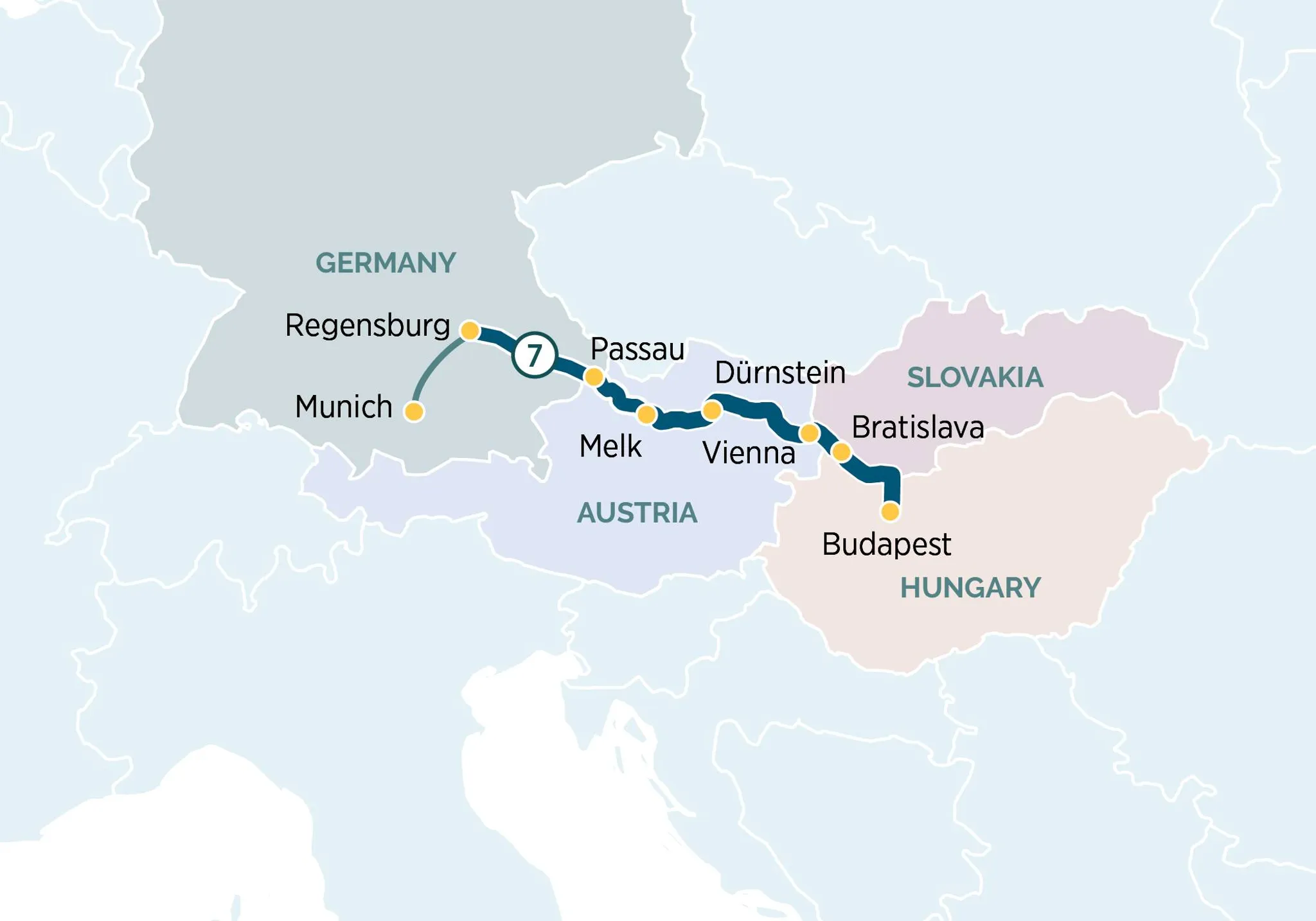 Danube River cruise route map showing Budapest to Regensburg